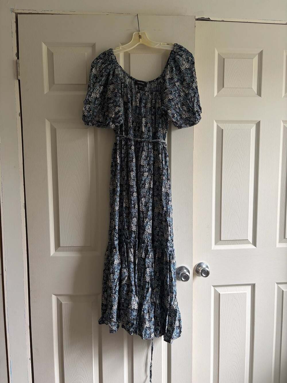 Karen Kane Floral Maxi Dress Size M Blue Puff Sleeve Tiered